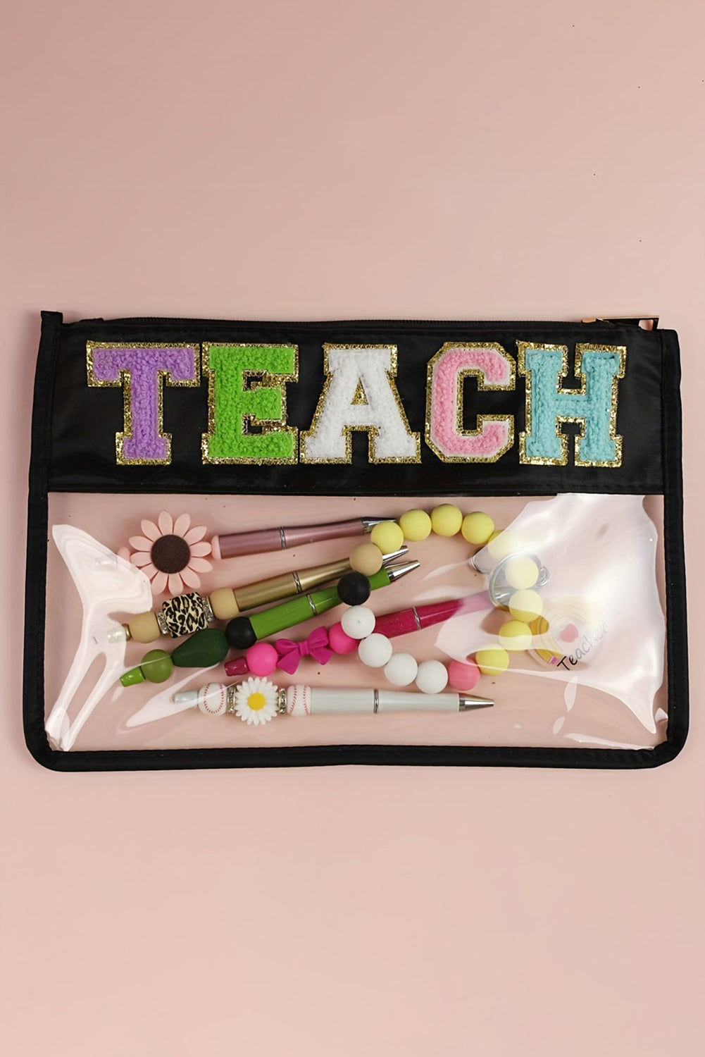 Black TEACH Glitter Chenille Clear PVC Makeup Bag