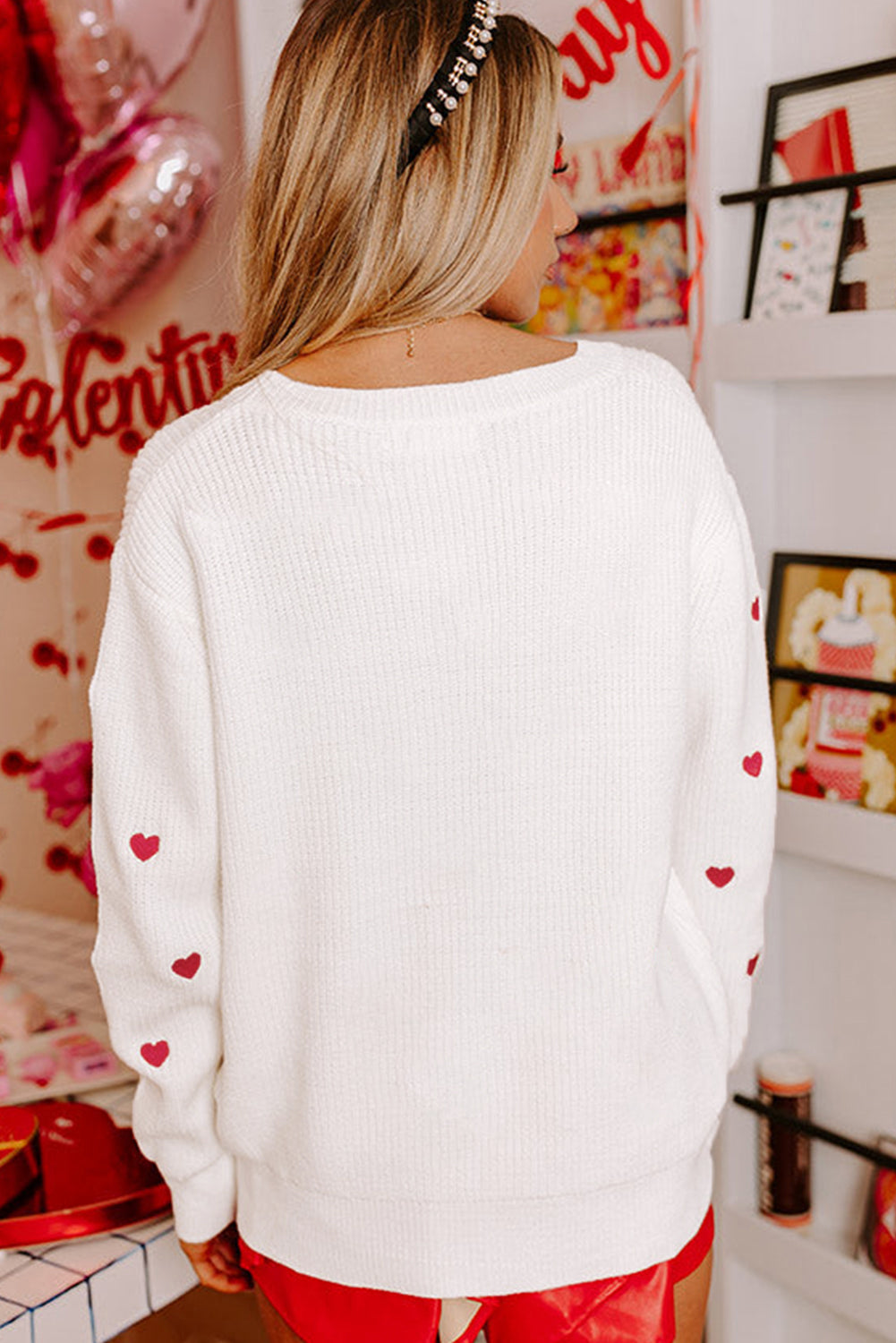 White Heart Pattern Drop Shoulder Round Neck Sweater