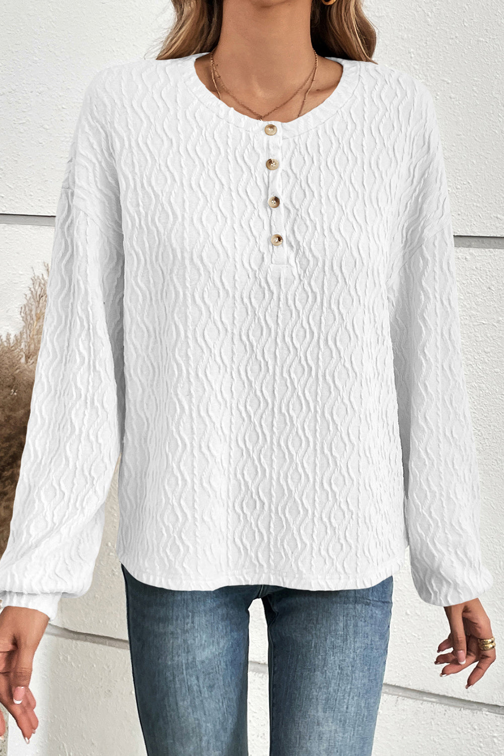 White Solid Color Textured Long Sleeve Henley Top