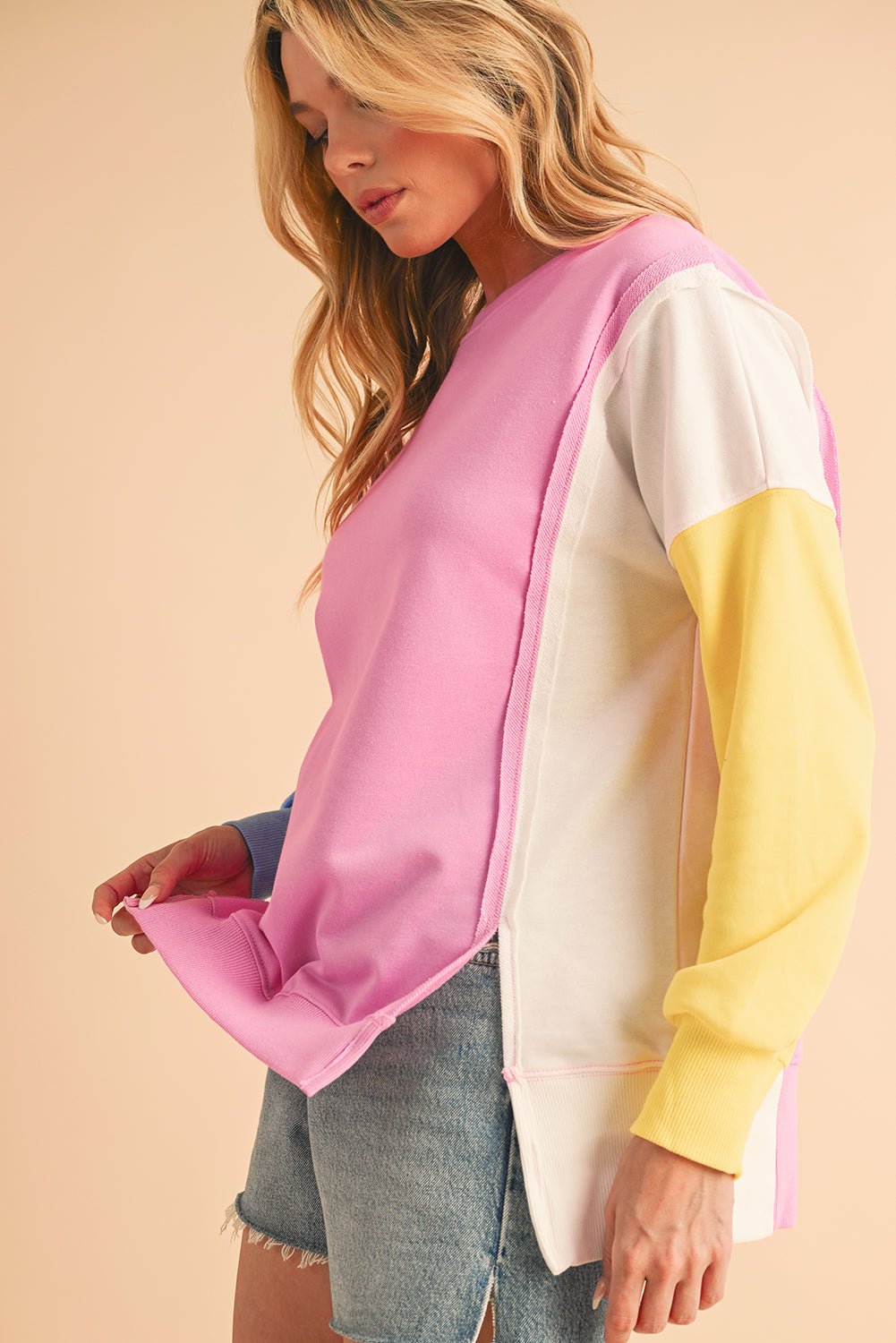 Bonbon Color Block Exposed Seam Patchwork Side Slits Sweatshirt