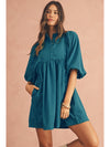 Light Blue Snap Button Empire Waist Lantern Sleeve Corduroy Dress