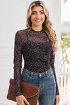 Black Letter Print Mock Neck Long Sleeve Mesh Top
