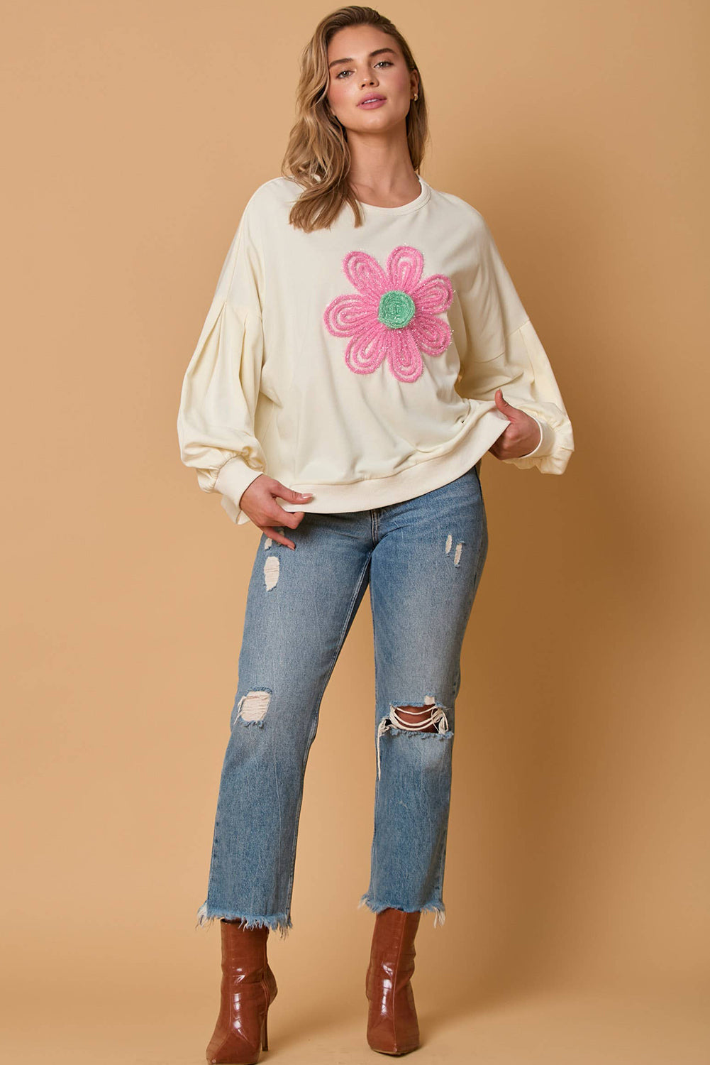 Beige Cute Tinsel Flower Puff Sleeve Sweatshirt