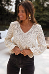 Beige Flower Lace V Neck Puff Sleeve Top