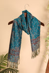 Peacock Blue Retro Paisley Print Tassel Trim Scarf