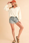 Beige Exposed Seam Crinkle Rib V Neck Pullover Top