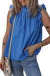 Sky Blue Frilled Neck Ruffle Buttoned Back Sleeveless Top