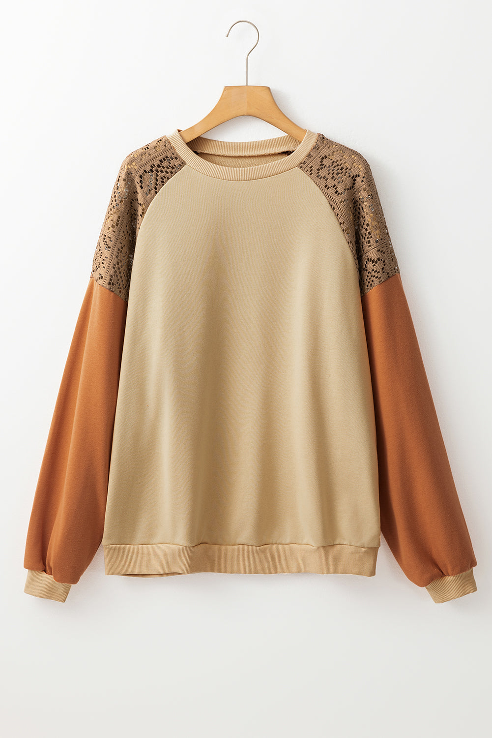 Khaki Crochet Patchwork Raglan Sleeve Sweatshirt