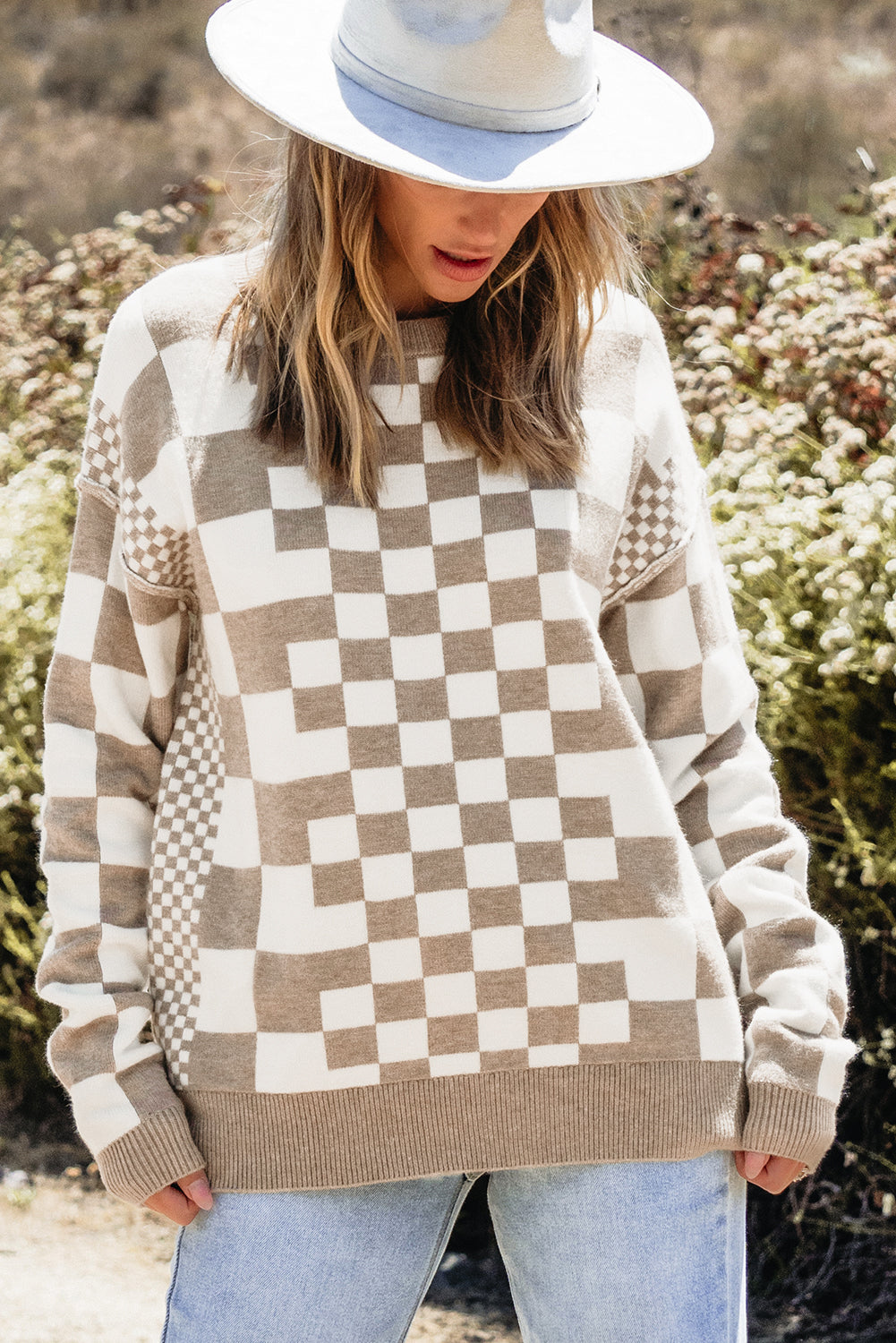 Carrot Checkered Drop Shoulder Round Neck Sweater