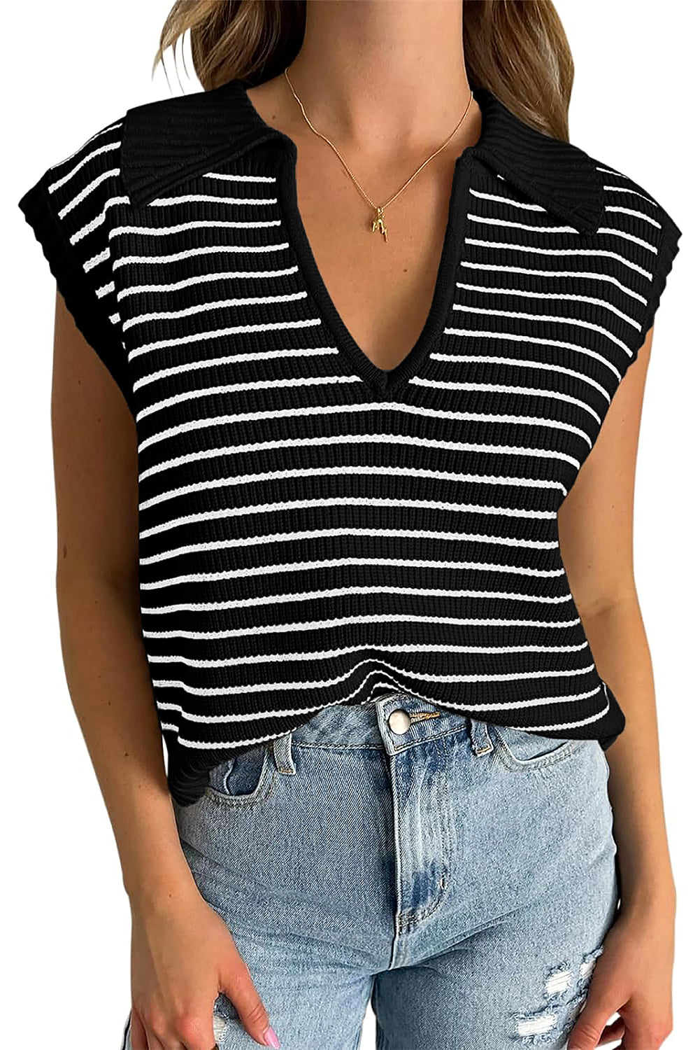 Beige Stripe Turn-down Collar Sleeveless Knitted Top