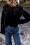 Black Lace Crochet Patchwork O Neck Top