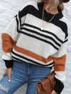 Contrast Striped Round Neck Long Sleeve Sweater - Cocoa Yacht Club