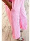 Pink Textured Pearl Ruffle Sleeve Wide Leg Two Piece Pants Set