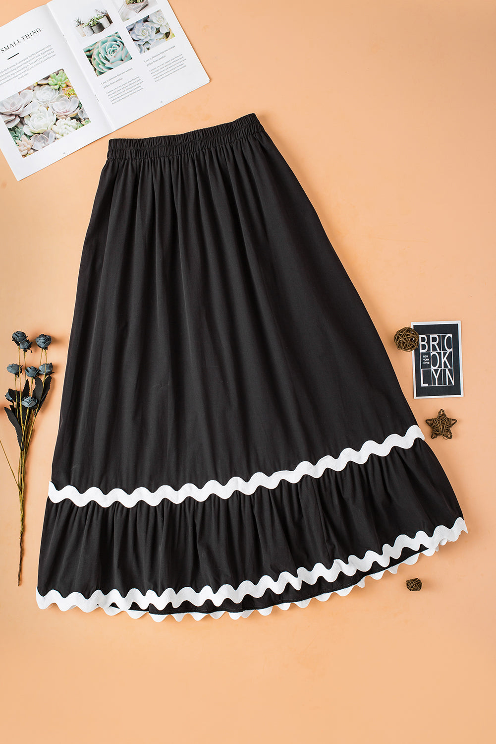 Black Ric Rac Trim High Waist Maxi Skirt