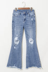 Dusk Blue High Rise Ripped Distressed Hem Flared Jeans