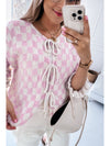 Light Pink Checkered Knitted Lace-up Ruffled 3/4 Sleeve Cardigan