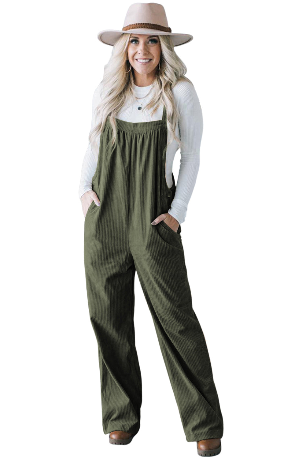 Real Teal Plain Pocketed Loose Fit Corduroy Overalls