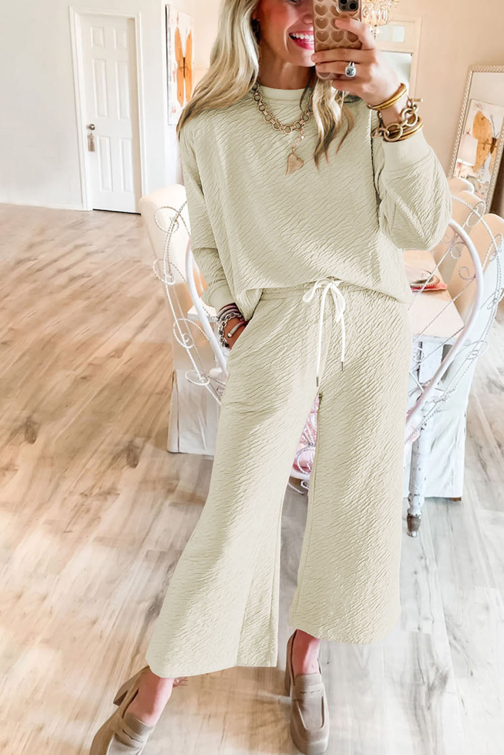 White Solid Color Textured Long Sleeve Top and Pants Set