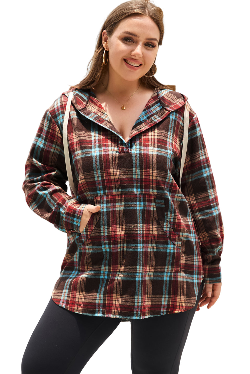 Green Plaid Plus Size Kangaroo Pocket Drawstring Hoodie