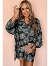 Black Floral Print Lapel Collar Loose Shirt Mini Dress