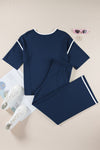 Navy Blue Loose Contrast Trim Half Sleeve Top and Drawstring Pants Set