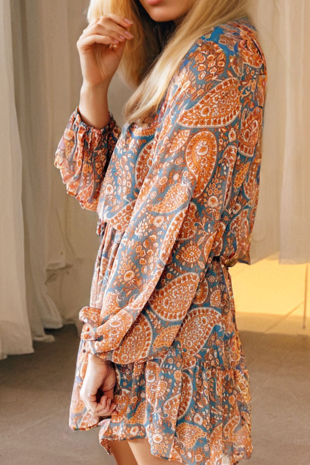 Ruffle Hem Printed Long Sleeve Dress