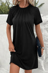 Dark Brown Contrast Lace Raglan Sleeve Pleated Detail Shift Dress