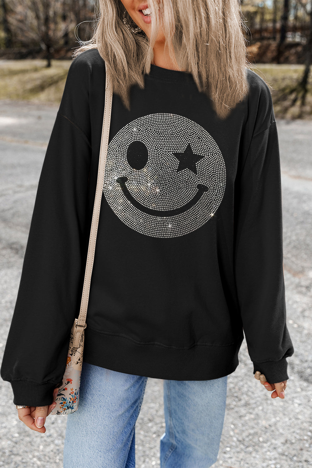 Valerian Rhinestoned Smile Graphic Crew Neck Sweatshirt