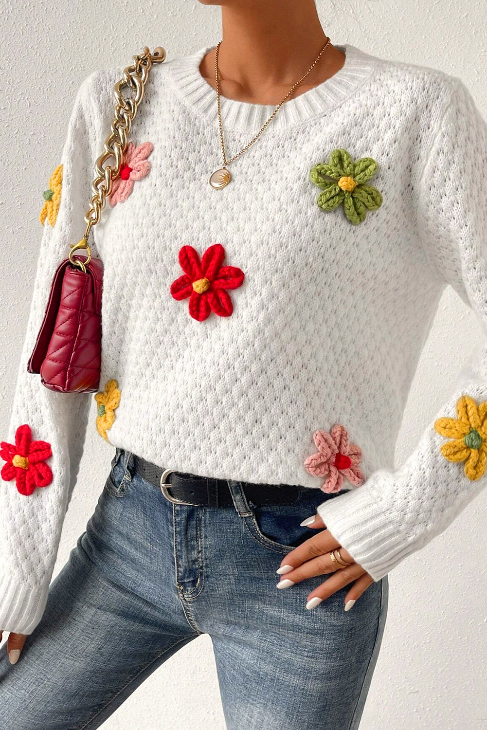 White Textured Knit 60s Vintage Flower Applique Sweater