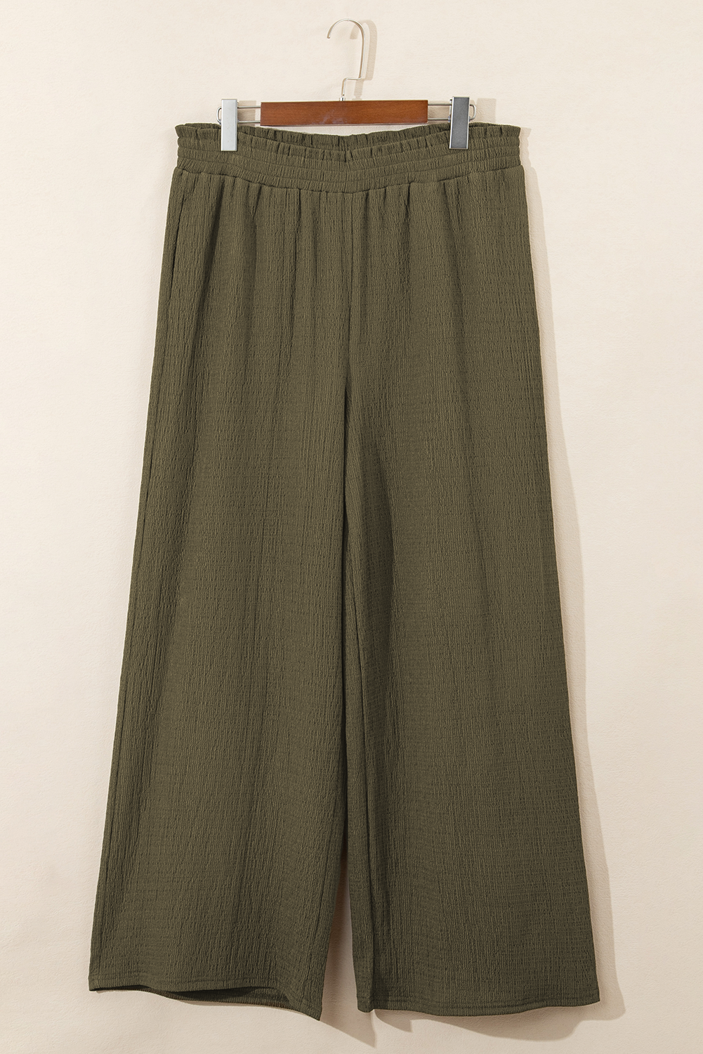 Jungle Green Plus Size Textured Shirred High Waist Pants