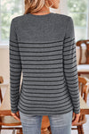 Dark Grey Striped Round Neck Long Sleeve Henley Top