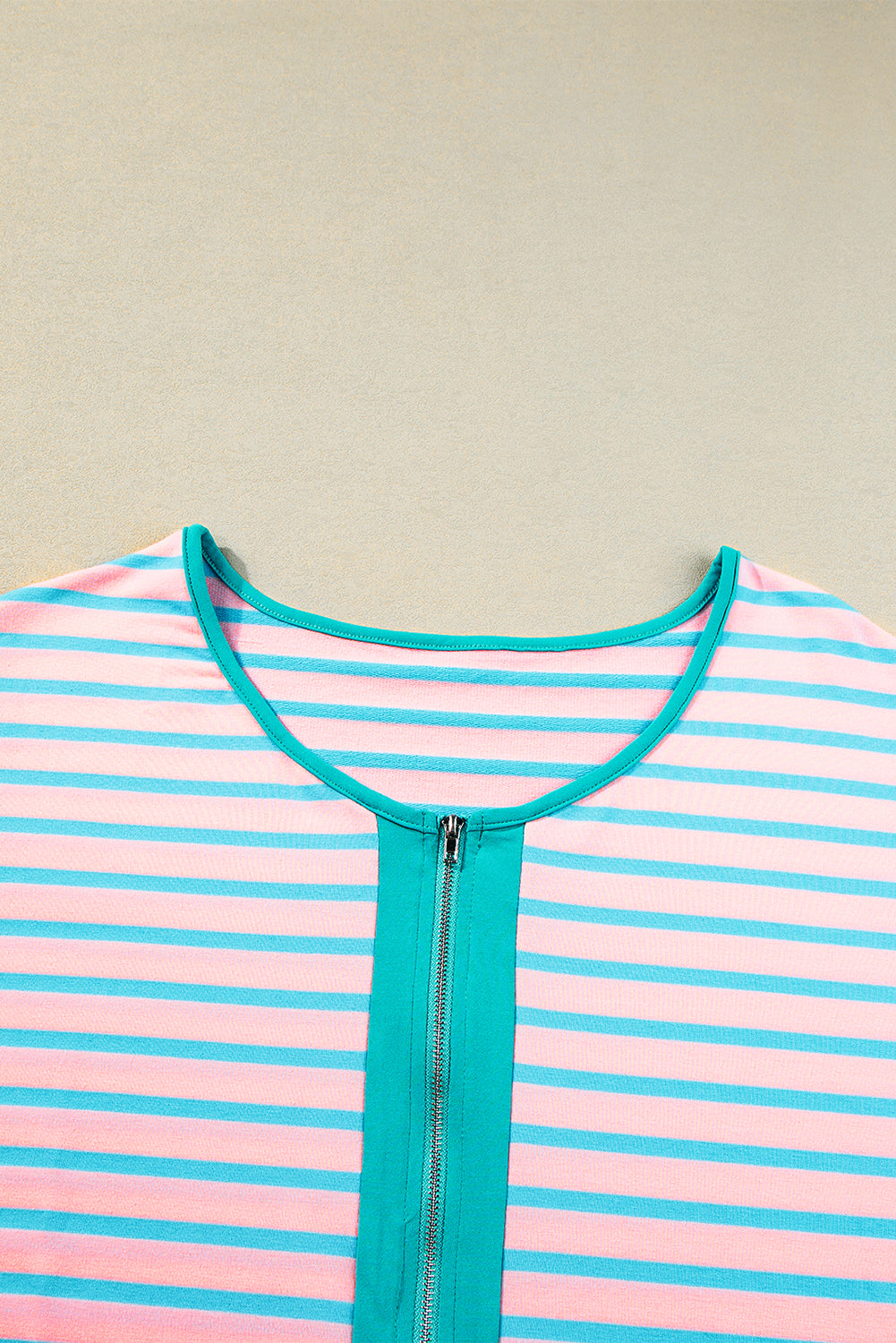 Pink Stripe Contrast Trim Half Zip T Shirt