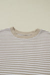 Brown Plus Size Stripe Ribbed Trim Drop Shoulder Long Sleeve Oversized Top