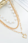 Gold Heart Pendant Pearl Chain Multi-Layered Necklace