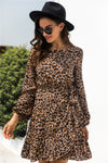 Animal Print Round Neck Balloon Sleeve Mini Dress - Cocoa Yacht Club