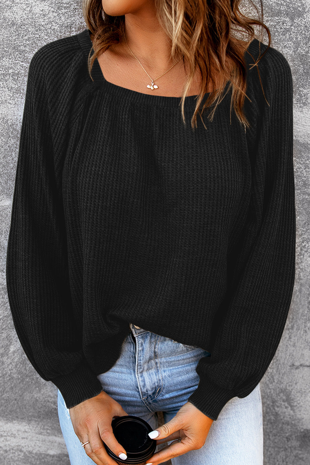 Brown Waffle Texture Casual Square Neck Pullover Top