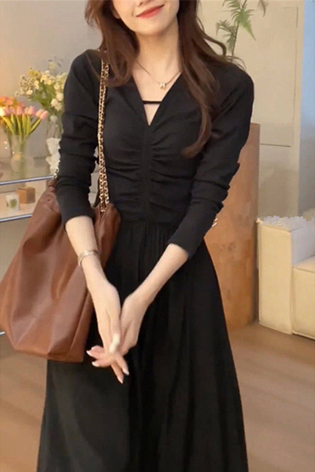 Black V-Neck Pinch Pleat Waisted Long Sleeve Maxi Dress