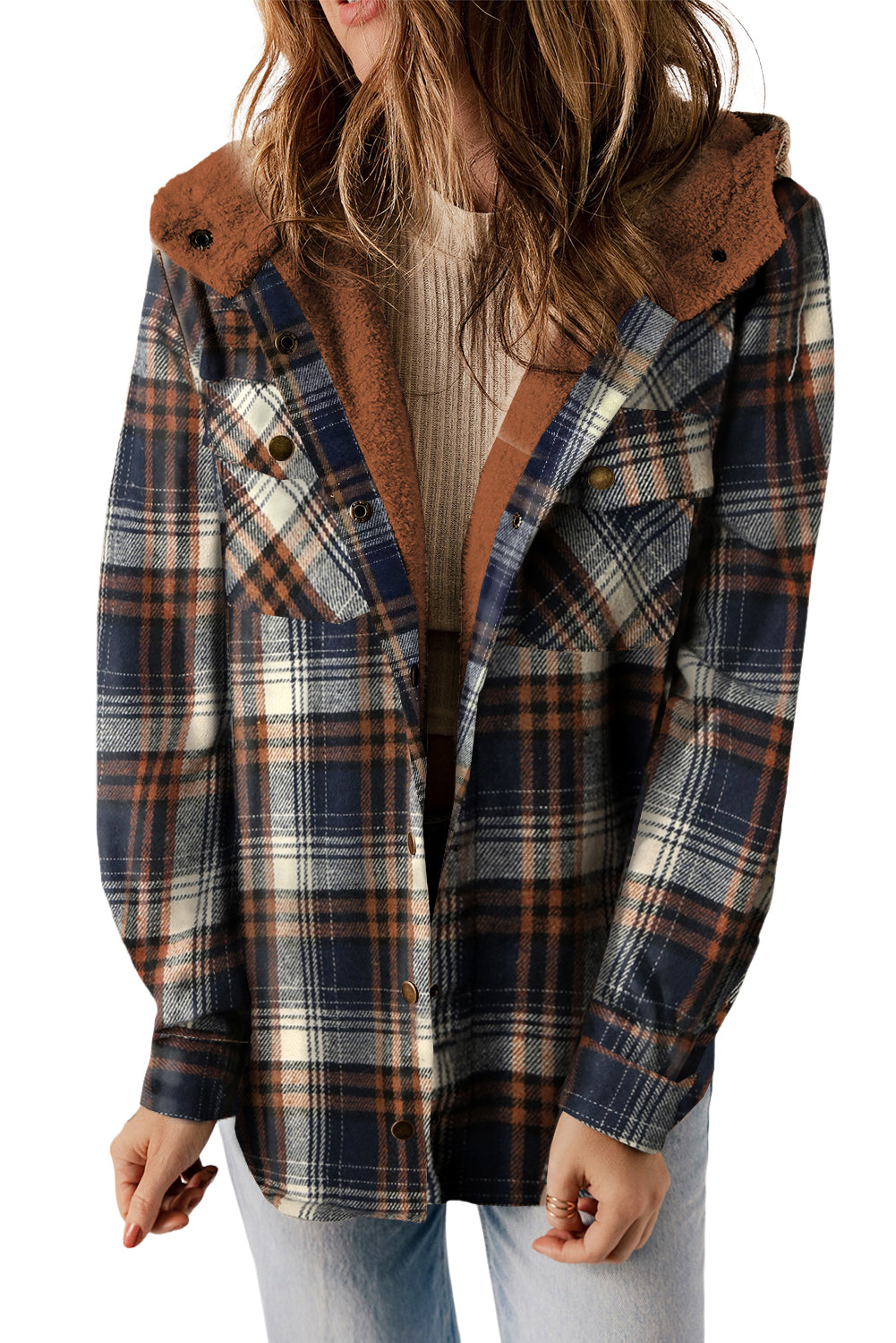 Blue Snap Button Sherpa Lined Hooded Flannel Jacket