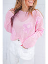 Light Pink Flower Drop Shoulder Hollow Knit Top