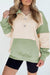 Laurel Green Colorblock Patchwork Buttoned Collar Kangaroo Pocket Sweatshirt