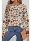 Khaki Allover Floral Print Crew Neck Long Sleeve Top