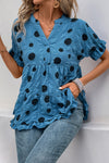 Blue V-Neck Polka Dot Crinkled Blouse