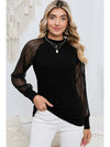 Black Basic Crew Neck Dressy Striped Mesh Long Sleeve Top