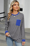 Long Sleeve Tops Black Striped Contrast Edge Loose Pocketed Long Sleeve Top.