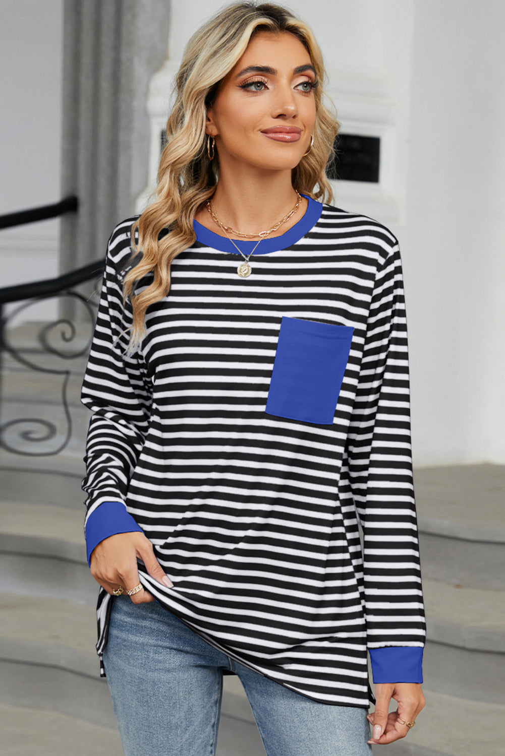 Long Sleeve Tops Black Striped Contrast Edge Loose Pocketed Long Sleeve Top.