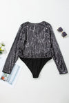 Black Sequin Mesh Long Sleeve Surplice Neck Bodysuit