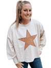 Beige Star Pattern Studded Crew Neck Plus Size Top