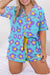 Sky Blue Cute Flower Print Contrast Trim Plus Size Short PJ Set