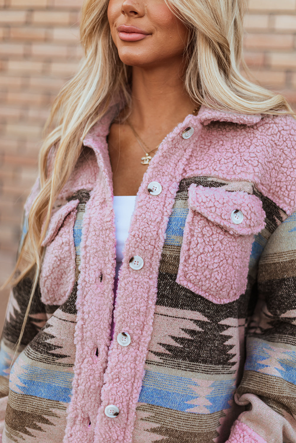 Pink Aztec Print Sherpa Splicing Buttoned Flap Pocket Coat