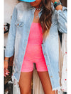 Sky Blue Light Wash Distressed Frayed Long Denim Jacket